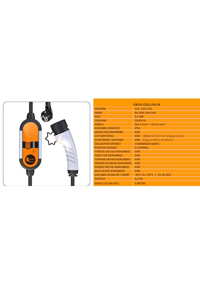 Feyree 5 Metre Ev Prizi Elektrikli Araç Şarj Cihazı - 3.5 Kw - Tip 2 - Taşınabilir Şarj Cihazı 3.5 KW Feyree 5 Metre Ev Prizi Elektrikli Araç Şarj Cihazı - 3.5 Kw - Tip 2 - Taşınabilir Şarj Cihazı 3.5 KW