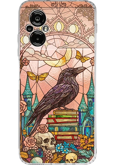 Printify Poco M5 İle Uyumlu Vitray Bilge Kuzgun Tasarımlı Şeffaf Silikon Kılıf Şeffaf