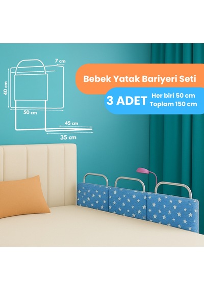 Yatella Yeni Nesil Yatak Bariyeri 50 X 40 Cm Mavi Yıldız 3 Adet - Boyalı