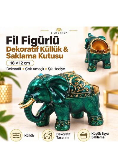 Lüks Alaşım Metal Fil Figürlü Kapaklı Dekoratif Küllük Ve Takı Saklama Kutusu Metal Biblo 18 X 12 Cm 28643038