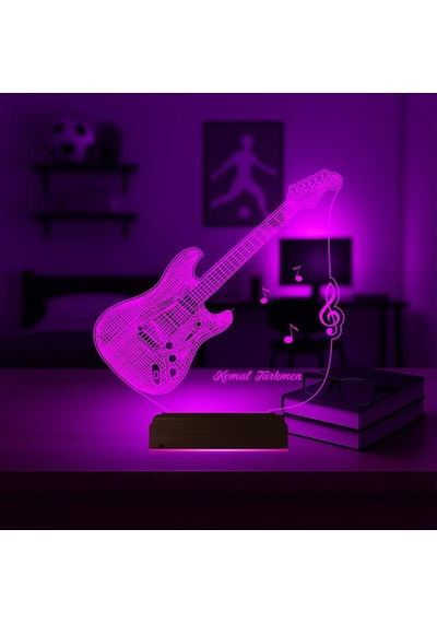 Luvivia Elektro Gitar Müzisyen Hediye Kişiye Özel 3d Lamba - Masa Gece Lambası Şeffaf