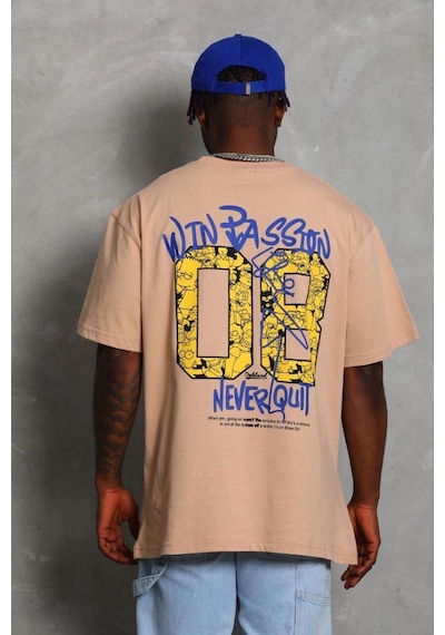 Erkek Baskılı Tişört Kısa Kol Bisiklet Yaka Oversize T-shirt - Bej