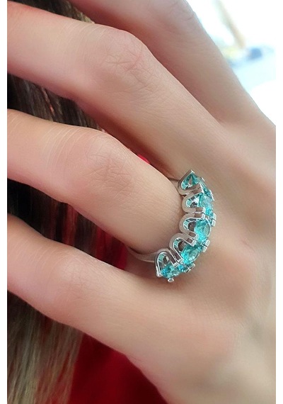 Sky Diamond Blue Aquamarin Taşlı 925 Ayar Gümüş Beş Taş Yüzük Altın - Gümüş