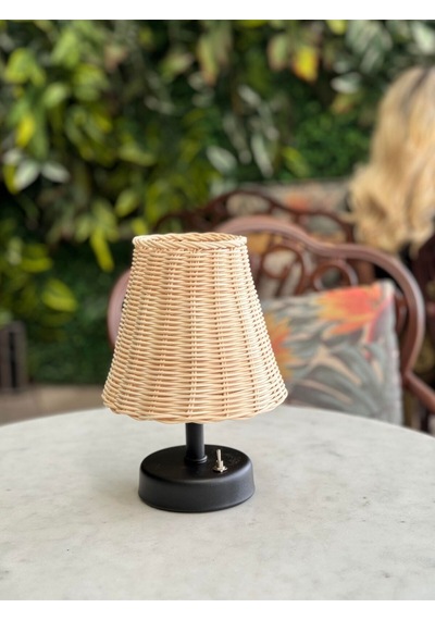 Rattan & Bambu Masa Üstü Kablosuz Pilli Abajur Masa Lambası Siyah