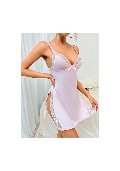 Lily Bianca Nightwear Göğüs Ve Yırtmaçları Dantel Detaylı Penye Gecelik Pembe