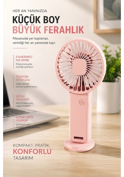 Şarjlı Mini Fan Vantilatör 3 Kademeli Masaüstü Kullanımlı El Fanı Telefon Tutuculu Usb Taşınabilir Sessiz