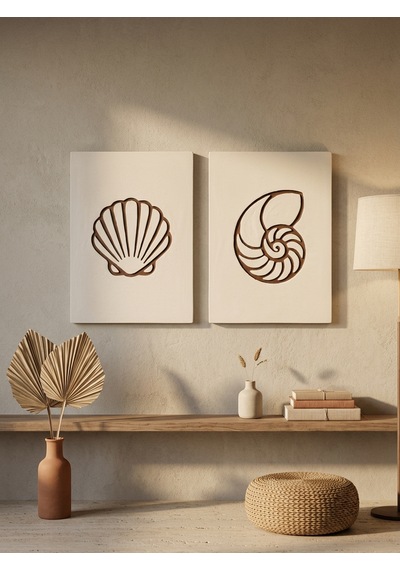Maris Relief 2'li Duvar Sanatı Seti - Modern Minimalist Deniz Kabuğu Motifli Kazıma Tablo