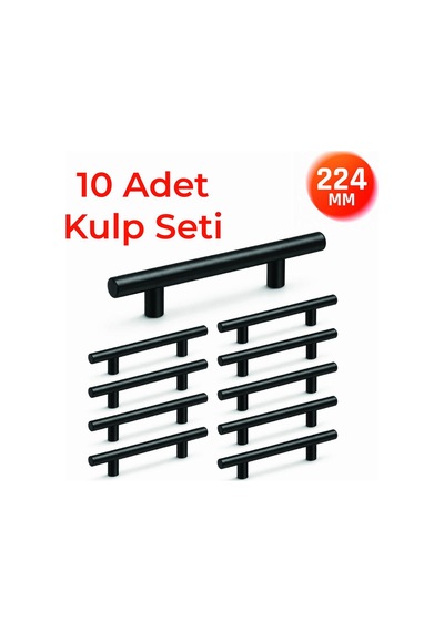 224 Mm Metal Mobilya Kulpu Mutfak Dolap Çekmece Kulpu, Dekoratif Kulp Seti 10 Adet Mat Siyah