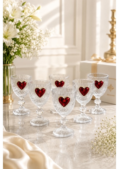 6 Lı Kristal Cam Kahve Yanı Su Bardağı Kalp Bardak Kalpli 75ml şeffaf