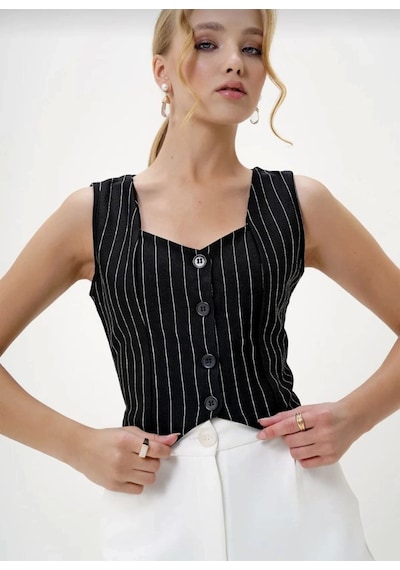 Defymoda Çizgili Krep Düğmeli Yelek Siyah S3395 Siyah