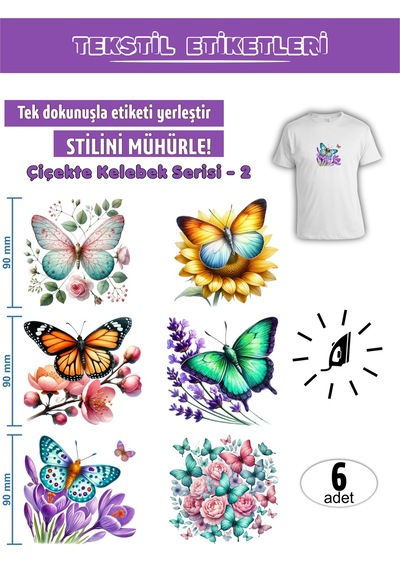 Ütü İle Yapışan Kıyafet Etiketi Çiçekte Kelebek Serisi -2 6lı Set Karışık