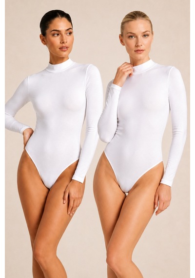 Loule Kadın 2'li Beyaz %95 Pamuklu Uzun Kol Dik Yaka Esnek Kancalı Body