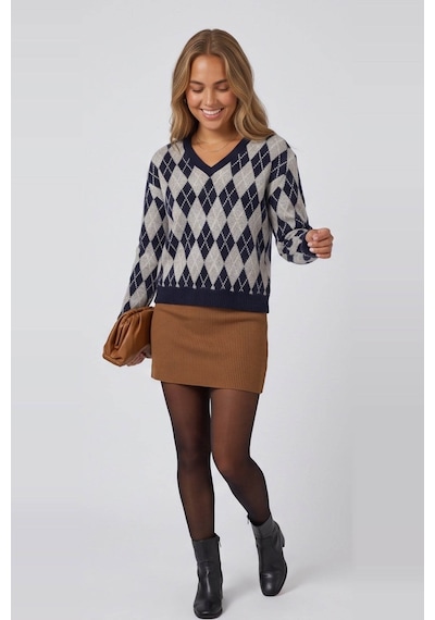 Fashion Friends Baklava Desenli Lacivert Kadın Kazak 26k0074k1