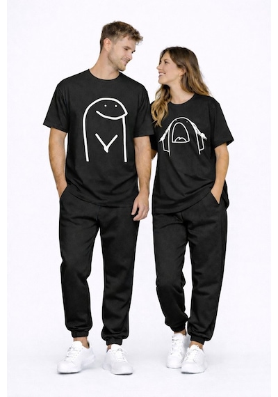 Sevgili Kombini Çift Tişört Oversize Unisex Matching Couple Minim Siyah