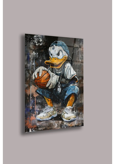 Basketbolcu Ördek 4mm Cam Tablo Eğlenceli Pop Art Uv Baskı Beyaz