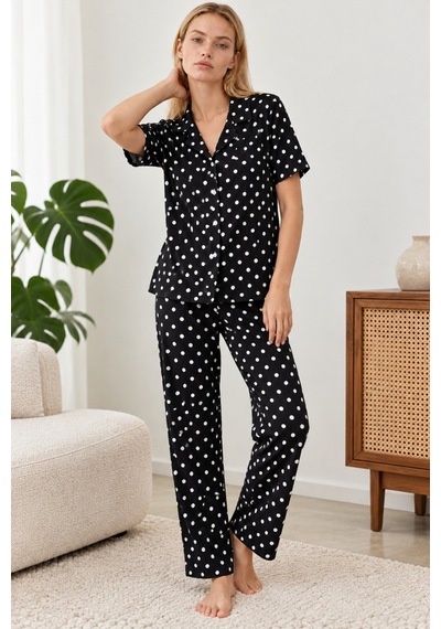Kadın Desenli Siyah Kısa Kollu Pijama Takımı 4813