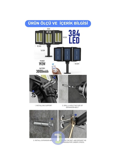 Technojet 384 Ledli Solar Güneş Enerjili Kumandalı Hareket Sensörlü Bahçe Aydınlatma Sokak Lambası Beyaz