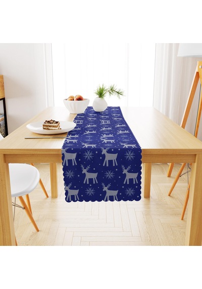 Geyik Desenli Mavi Zemin Dijital Baskılı Petek Dokuma Runner 40x140