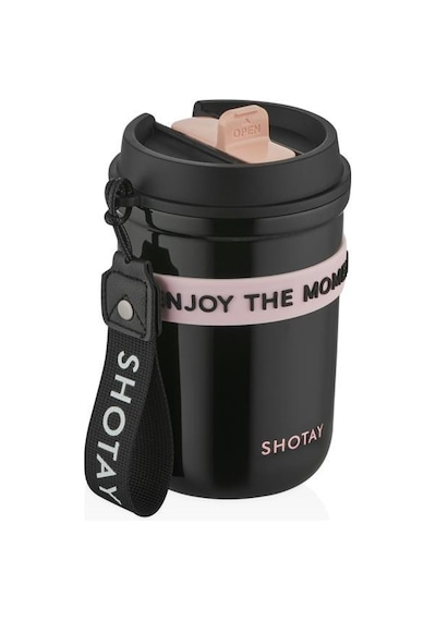 Shotay Strow Çelik Termos Mug 410ml Siyah Siyah