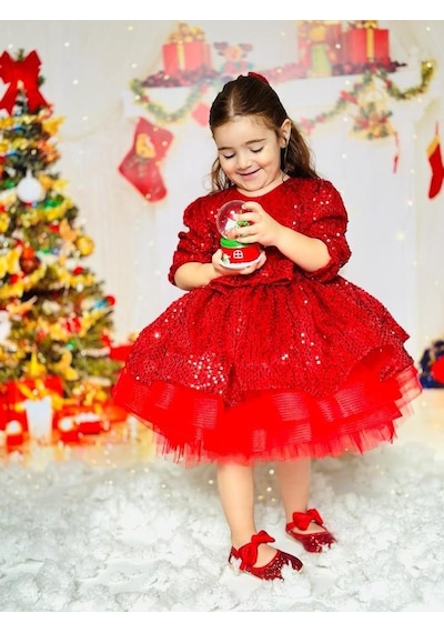 H L Y Karol Tasarım Kırmızı Pullu Kız Bebek Elbisesi,doğum Günü Elbise,fotoğraf Çekim Elbise,0-12 Yaş Uygun Kırmızı