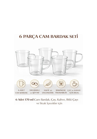 6'li Cam Bardak Seti 170 Ml Kulplu Şeffaf Cam Kupa, Çay Kahve Ve Bitki Çayı Bardakları, Bulaşık Makinesinde Yıkanabilir Çok Renkli