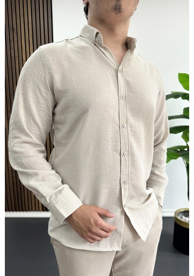 Edwox Erkek Keten Karışımlı Slim Fit Gömlek Bej Edw499