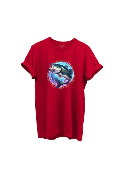 Renkli Neon Balık Desenli %100 Pamuk Regular Fit Unisex T-shirt Kırmızı