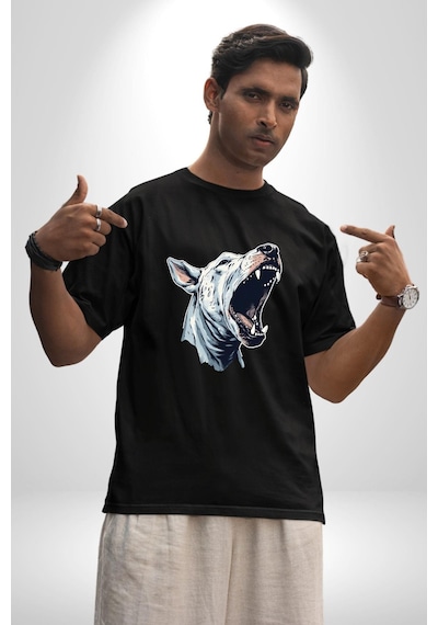 Bull Terier Köpek Havlama Pamuklu Bisiklet Yaka Unisex Oversize Boyfriend Dijital Baskılı Siyah T-shirt Siyah