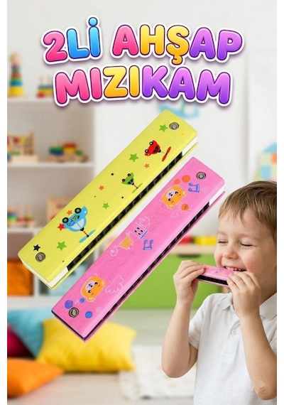 2'li Ahşap Çocuk Mızıka Seti 16 Delikli 12cm Renkli Eğitici Ahşap Oyuncak Müzik Aleti Mızıka