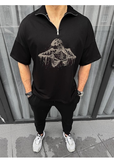 Barlashive Erkek Yarım Fermuarlı Baskılı Oversize T-shirt - Siyah Çok Renkli
