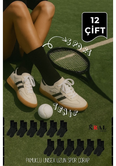 Kral Socks Unisex Siyah 12 Çift Pamuklu Tenis Spor Uzun Soket Boy Çorap Siyah