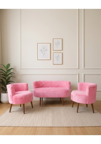 Sydney 2+1+1 Welsoft Tüylü Yumuşak Kumaş Balkon Çay Seti Koltuk Takımı - Ahşap Ayak - Pembe
