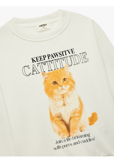 Koton Pamuklu Uzun Kollu Bisiklet Yaka Kedi Baskılı Sweatshirt Ekru 6wkg10364ak Ekru