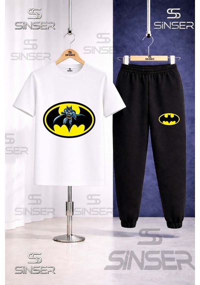 Ss Sinser Çocuk Batman Logo Icınde Baskılı Tişort Eşofman Takımı Beyaz - Siyah