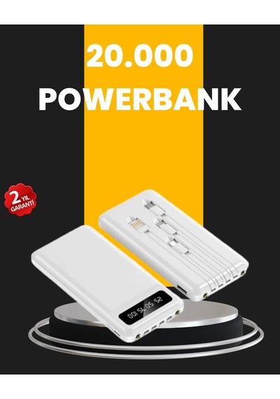 Led Işıklı 20.000mah Powerbank Lcd Gösterge Dahili Çoklu Kablo Siyah