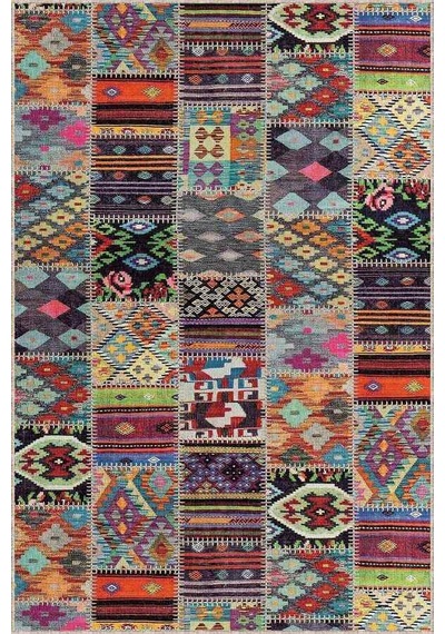 Çok Renkli Patchwork Kaymaz Tabanlı Dekoratif Halı Ar749n11