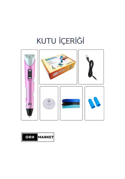 Pembe 3D Kalem 3D Pen Yazıcı Kalem – 3 Adet 3 Metrelik PLA Filament (Toplam 9M) + USB Kablo