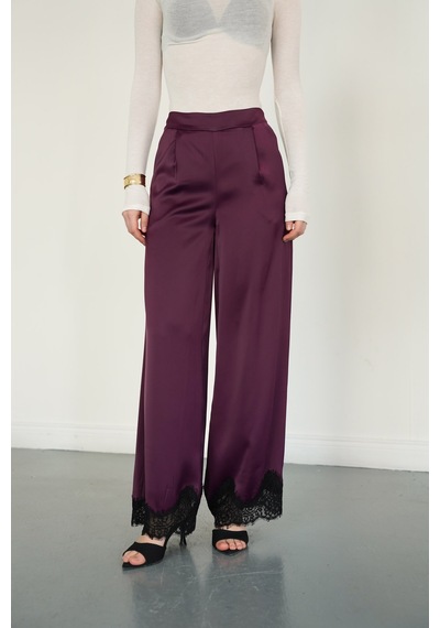 Verymoda Paçası Dantelli Saten Pantolon D2969 Mürdüm