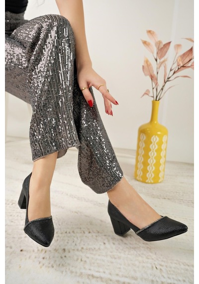 Nesilshoes Nesil Shoes Bln 414-2 Siyah Kalın Topuk Kadın Stiletto Siyah Nova