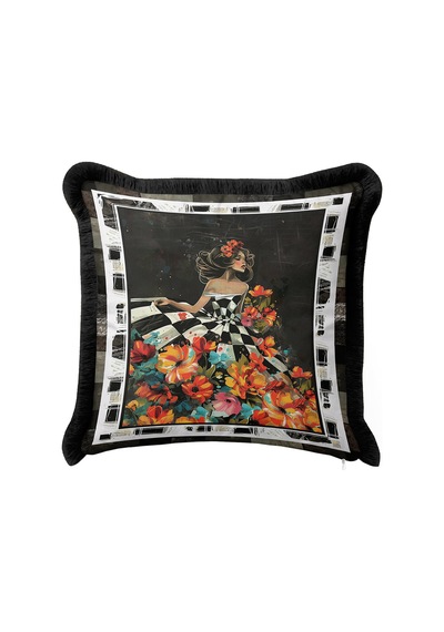 Çiçekli Retro Sanat Saçaklı Yastık Kılıfı - Kadın Figürlü Bohem Siyah Renkli Püsküllü Kırlent Kılıfı Mat Fırtına Pembe Çiçekli Retro Sanat Saçaklı Yastık Kılıfı - Kadın Figürlü Bohem Siyah Renkli Püsküllü Kırlent Kılıfı Mat Fırtına Pembe