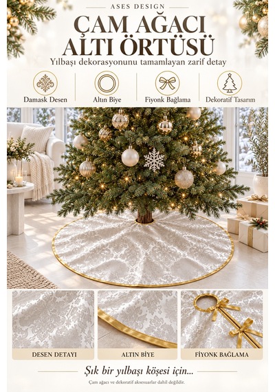 Çam Ağacı Altı Etek Örtüsü 120 Cm Gold Biyeli Beyaz Damask Desenli Yılbaşı Örtüsü