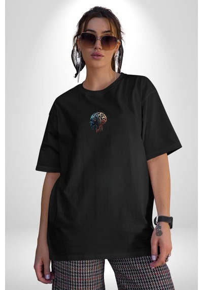 Robot Kafası Kız Siyah Oversize Unisex Ön Orta Minimal Baskılı Tişört Siyah