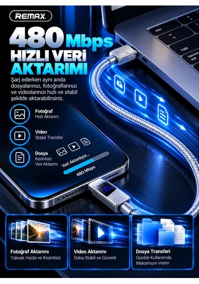 Remax Cb02-cl 30w Dijital Ekranlı Hızlı Şarj Ve Data Kablosu Type-c To Lightning 1.2 Metre Gri