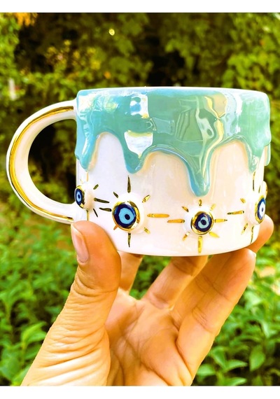 Kalite 24 Ayar Kaplama El Yapımı Kupa 220 Ml Nazarlı Kupa Evil Eye Mug 22err Beyaz - Çok Renkli