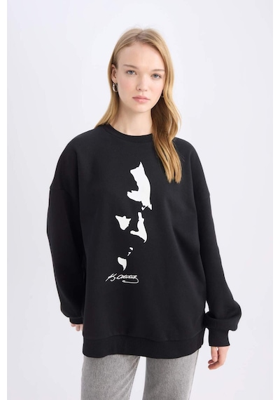 DeFacto Oversize Geniş Kalıp Bisiklet Yaka Atatürk Baskılı Sweatshirt E5445AX24WNBK81 Siyah