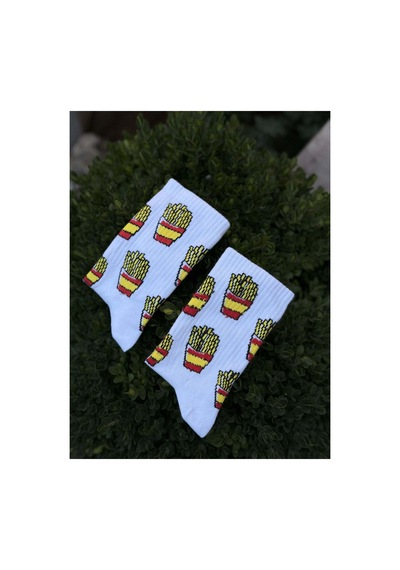Lousocks Unisex Patates Kızartması Desenli Beyaz Tenis Çorap