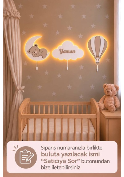 El Boyaması Ahşap Çocuğun İsmine Özel 3 Lü Pilli Ledli Gece Lamba Seti Yıldız Hediyeli Bebek Çocuk Odası-açık Kahve Bej