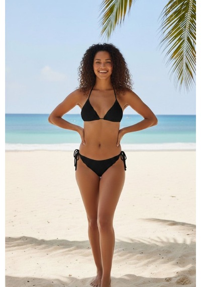 Kadın Siyah Pedli Bel Ve Boyundan Bağlamalı Dantelli Şık Bikini Takımı