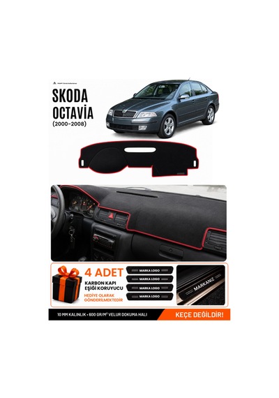 Skoda Octavia 2000-2008 Uyumlu Torpido Örtüsü, Torpido Kılıfı - Siyah-kırmızı - Sk008