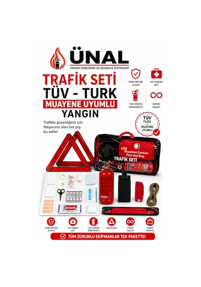 Tüvtürk Muayene Uyumlu Trafik Seti 1 Kg Yangın Tüpü + İlk Yardım Çantası + Reflektör +